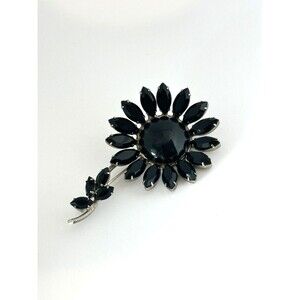 Vintage Regency Black Rhinestone Daisy Flower Brooch Long Stem